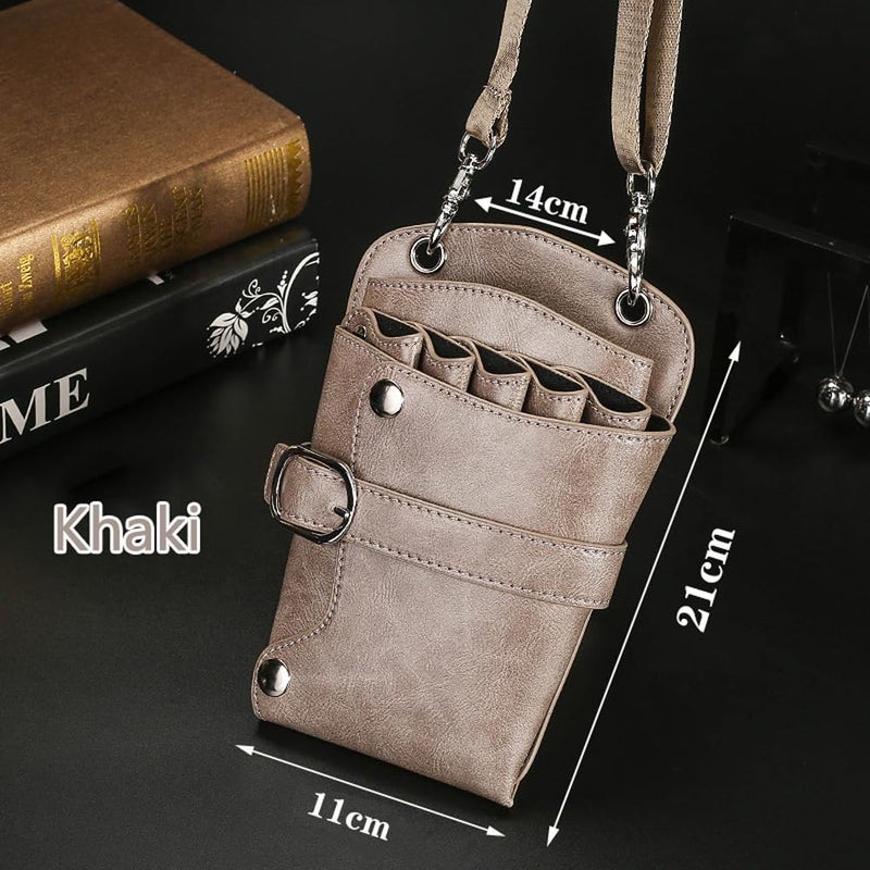 boshiho Scissors Pouch PU Leather Salon Barber Hairdressing Scissors Holster Hair Stylist Tools Bag Comb Shear Holster Waist Shoulder Belt (Khaki) - Image 2